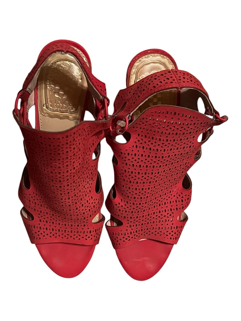 Vince Camuto Red Laser-Cut Cutout Heeled Sandals - Picture 2 of 6